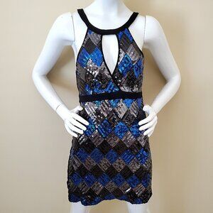 2B Bebe Black/Blue/Silver Sequin Sleeveless Cocktail Mini Dress SZ M